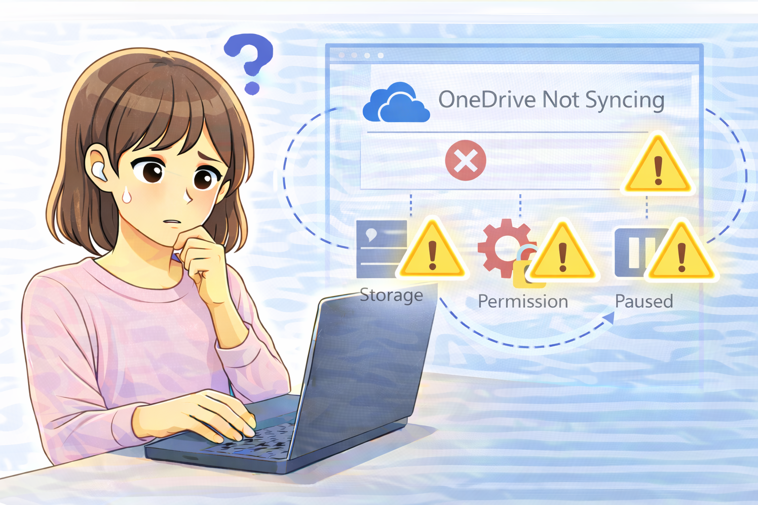 ノートパソコンを操作しながら、OneDriveが同期できない原因を確認している女性のイラスト
