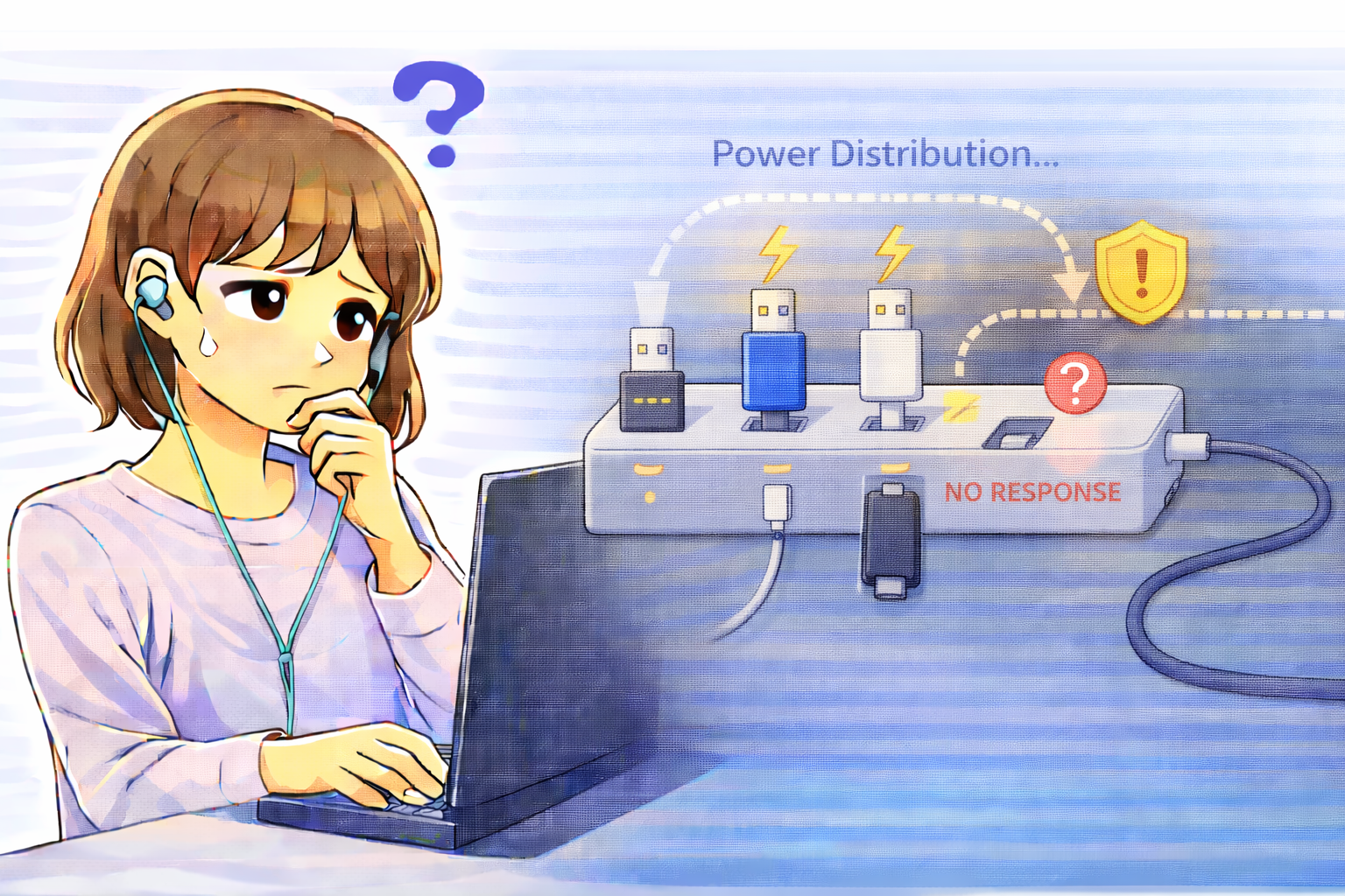 USBハブを接続した直後に一部のポートが反応しない状態を確認しているノートパソコン利用者のイラスト