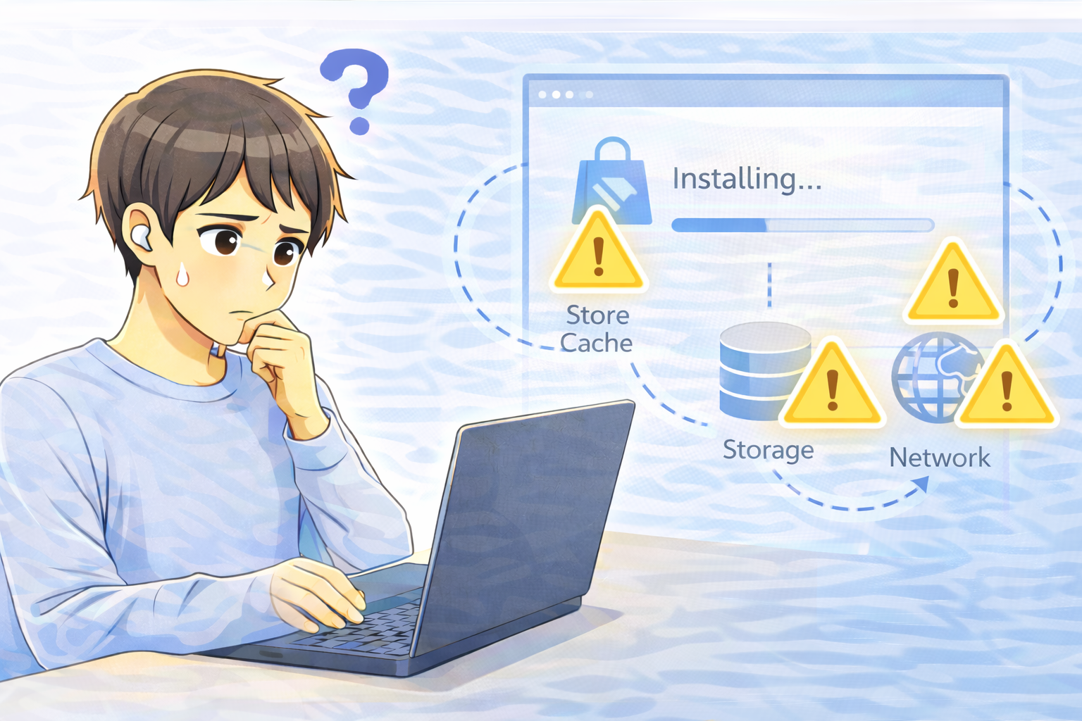 ノートパソコンを操作しながら、アプリのインストールが進まない原因を確認している様子を表したイラスト