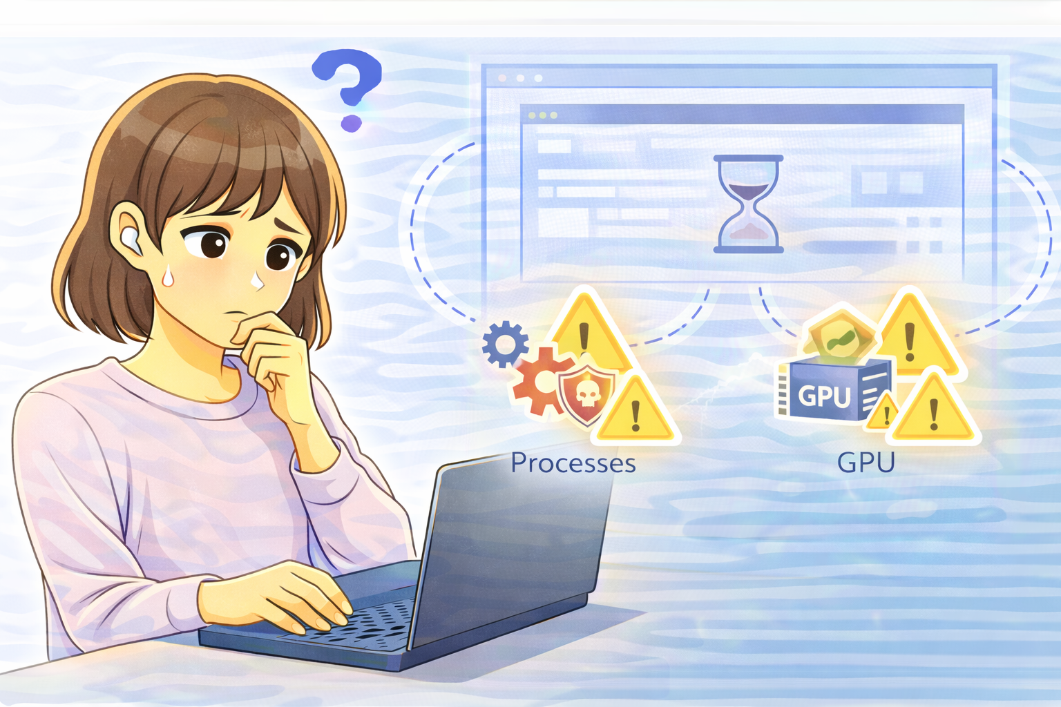 特定のデスクトップアプリの動作が遅く困っている女性と、右側に常駐プロセスやGPU、キャッシュの影響を示す警告表示が描かれたイラスト
