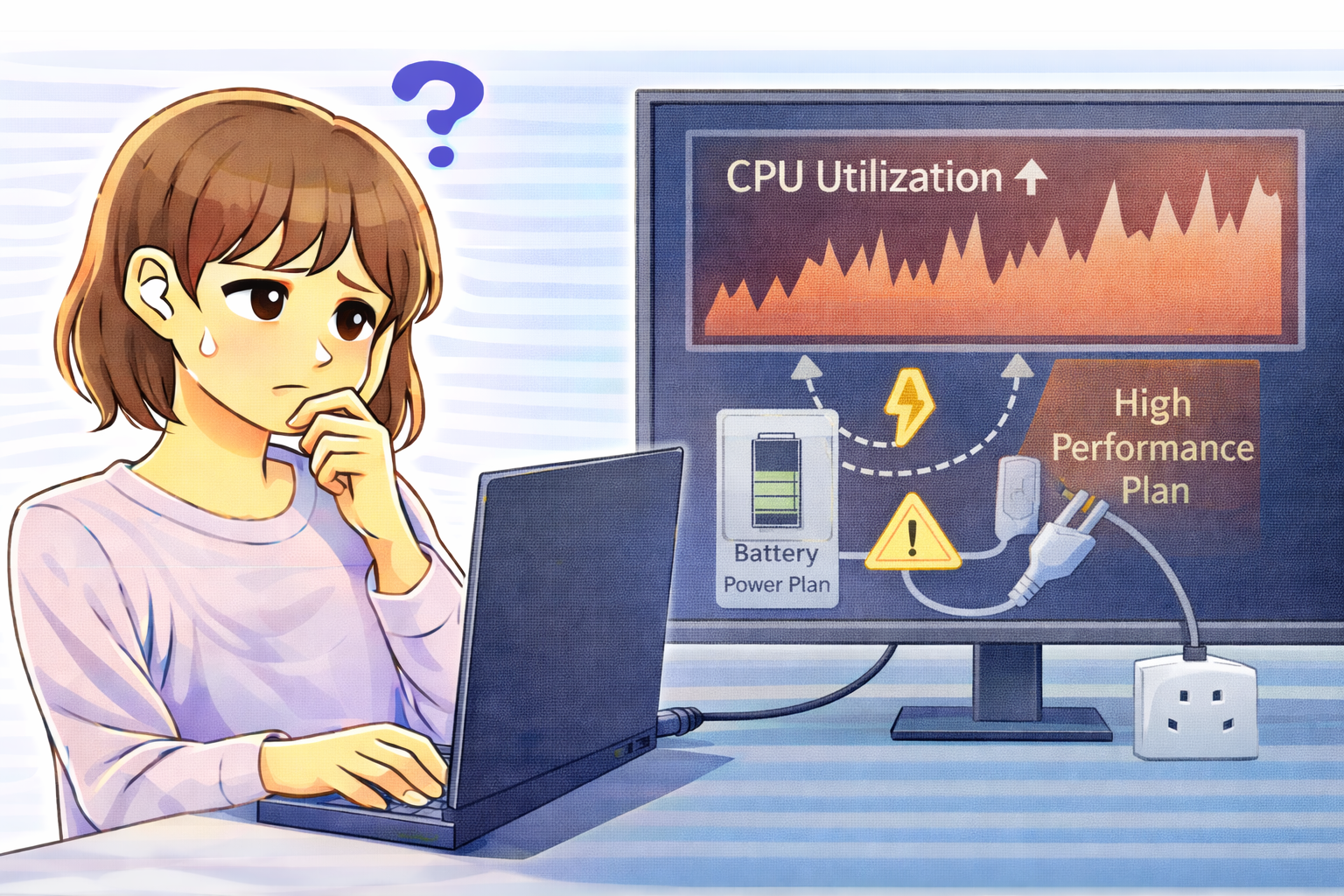 AC電源を接続した際にCPU使用率が高くなっている状態を確認しているノートパソコン利用者のイラスト