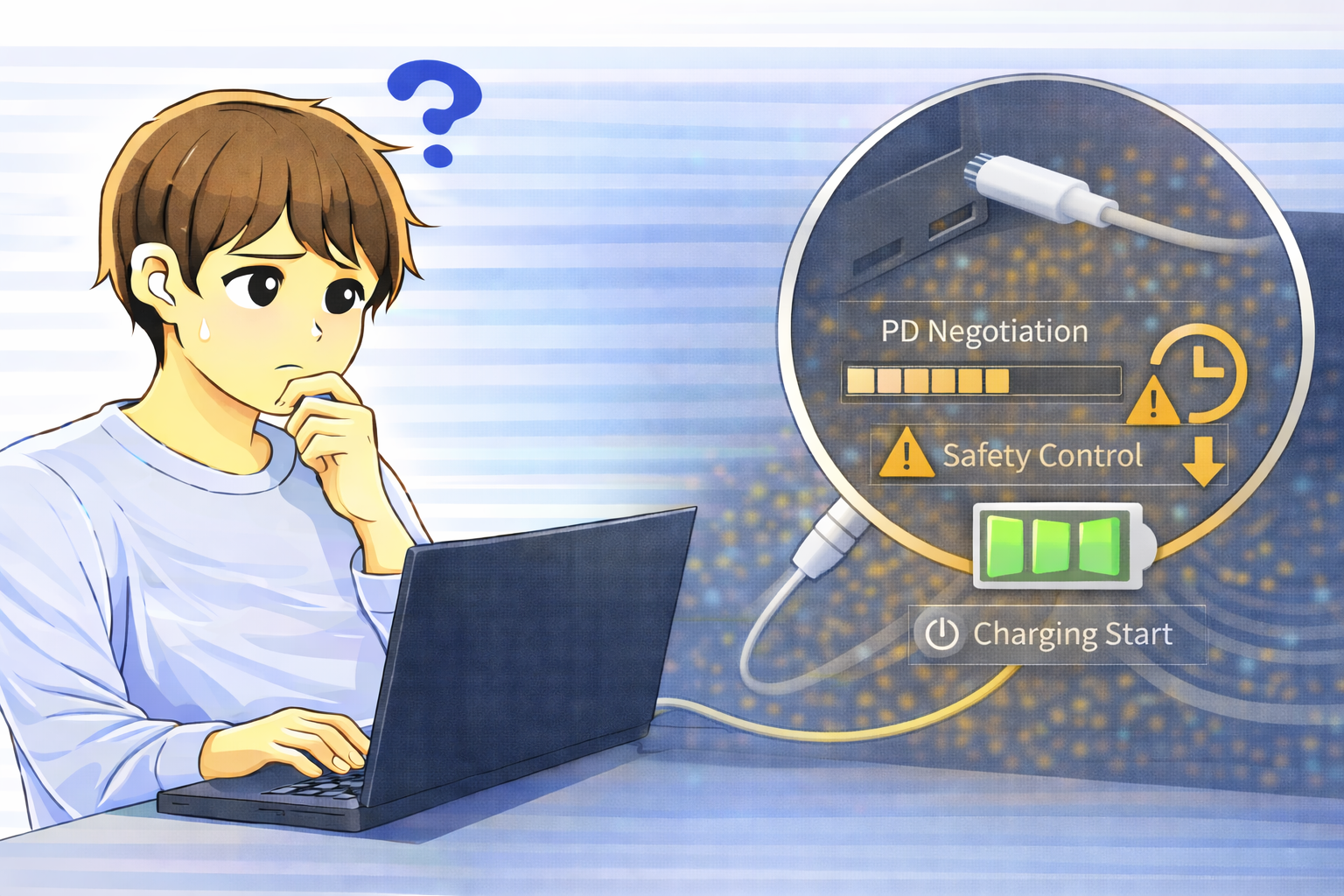 USB-C接続直後に充電がすぐ開始されず、USB Power Deliveryの交渉や安全制御が進行している状態を確認するノートPC利用者のイラスト