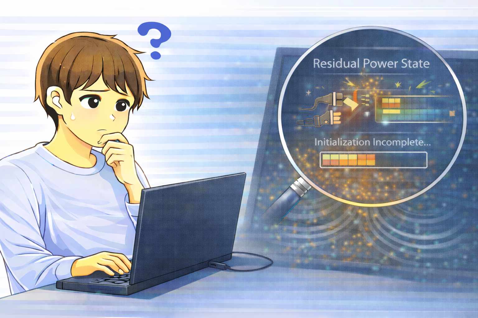 シャットダウン直後に再起動したことで電源の残留状態が影響し、初期化処理が完了していない可能性を確認するノートPC利用者のイラスト
