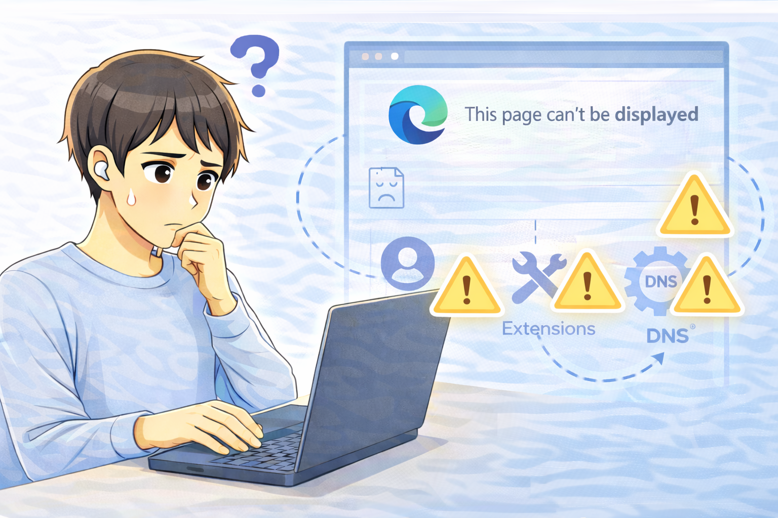 ノートパソコンを操作しながら、Edgeでページが表示されない原因を確認している様子を表したイラスト