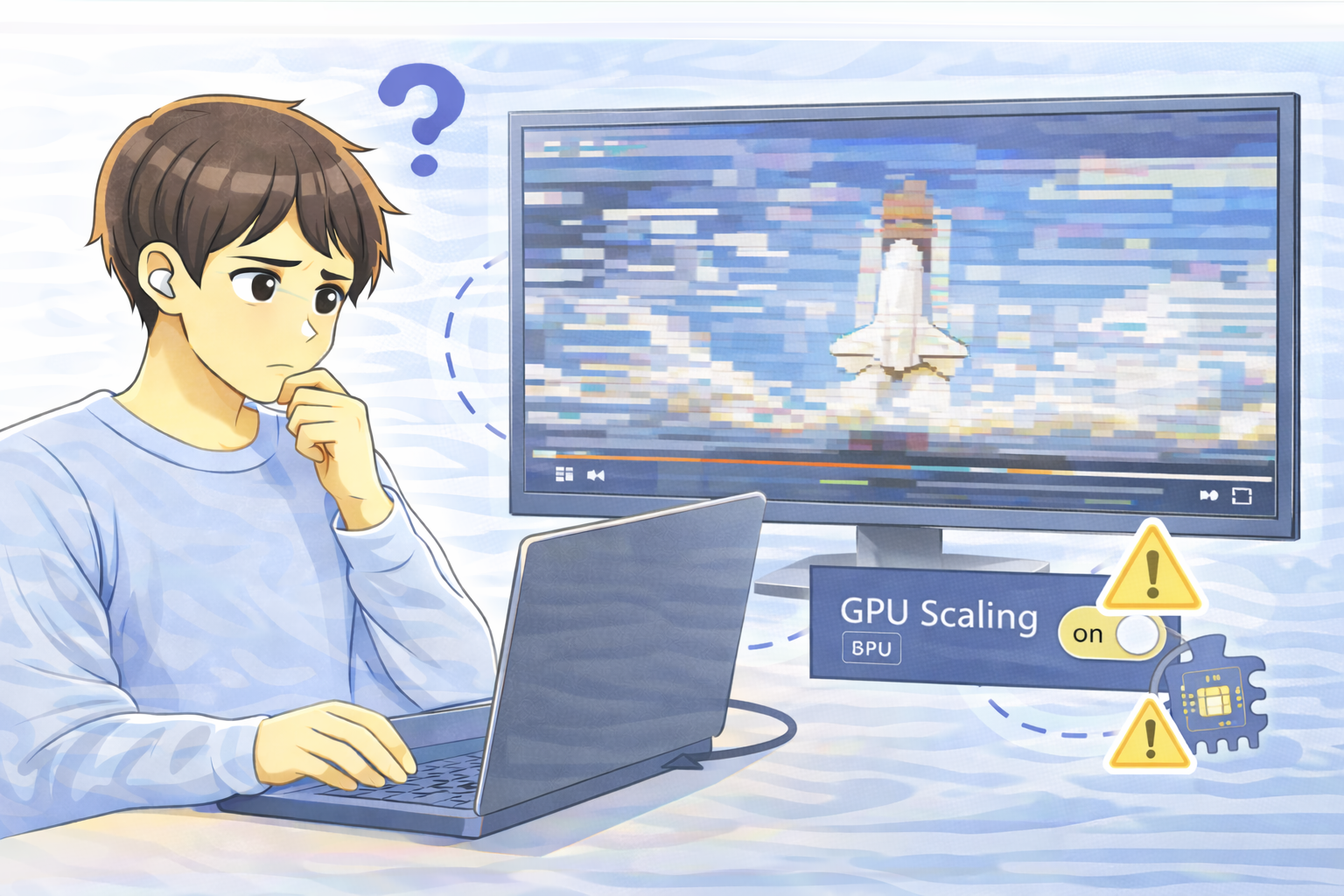 フルスクリーン表示時に画面が乱れ、GPUスケーリング設定の影響を確認している男性とPC画面のイラスト
