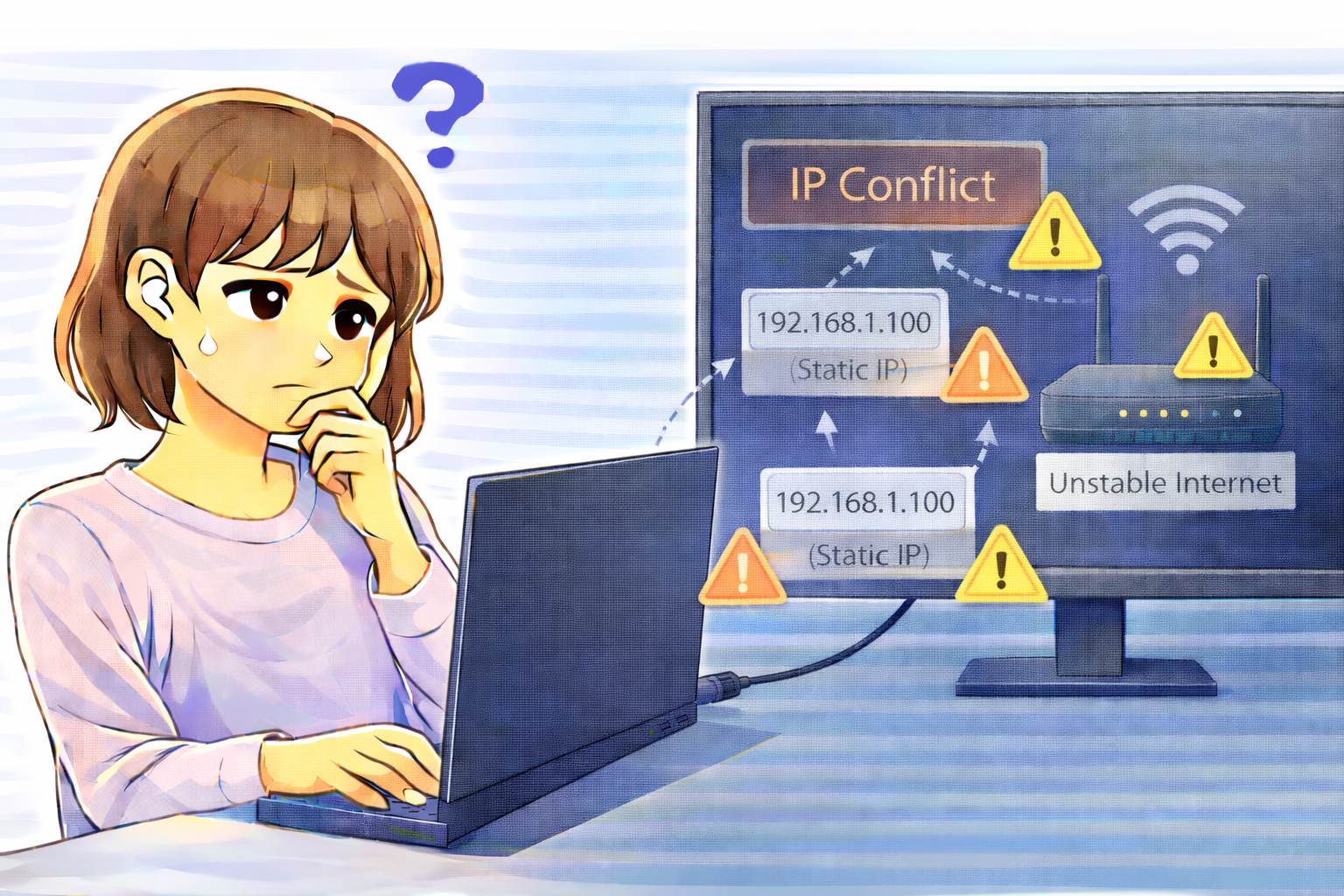 IPアドレスを固定している環境で通信が不安定になっている状態を確認しているノートパソコン利用者のイラスト