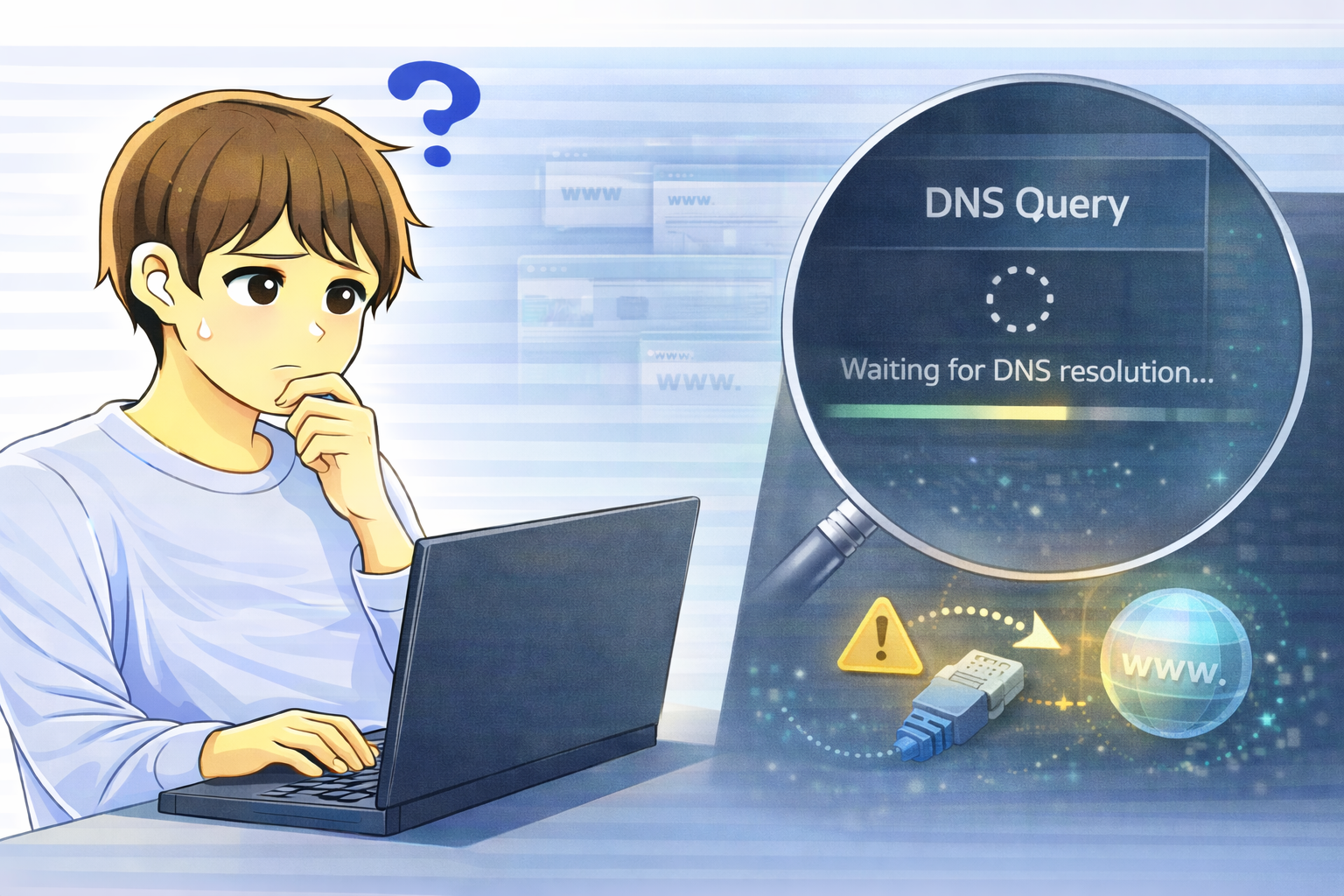 ネット接続直後に通信が開始されず、DNSの初回名前解決を待っている状態を確認するノートPC利用者のイラスト