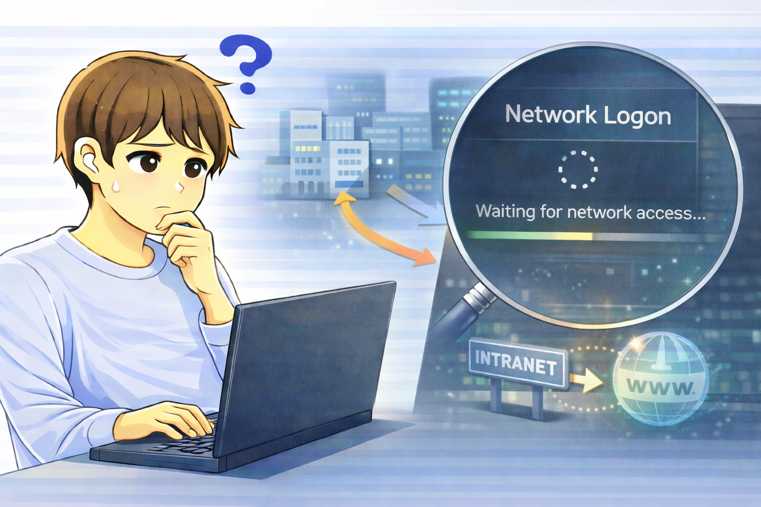 社内ネットワーク接続時にログオン前の通信待ちが発生し、PC起動が遅れている状態を確認するノートPC利用者のイラスト