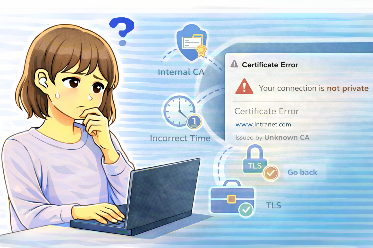 社内サイトで証明書エラーが表示され、原因を確認しているノートパソコン利用中の女性のイラスト