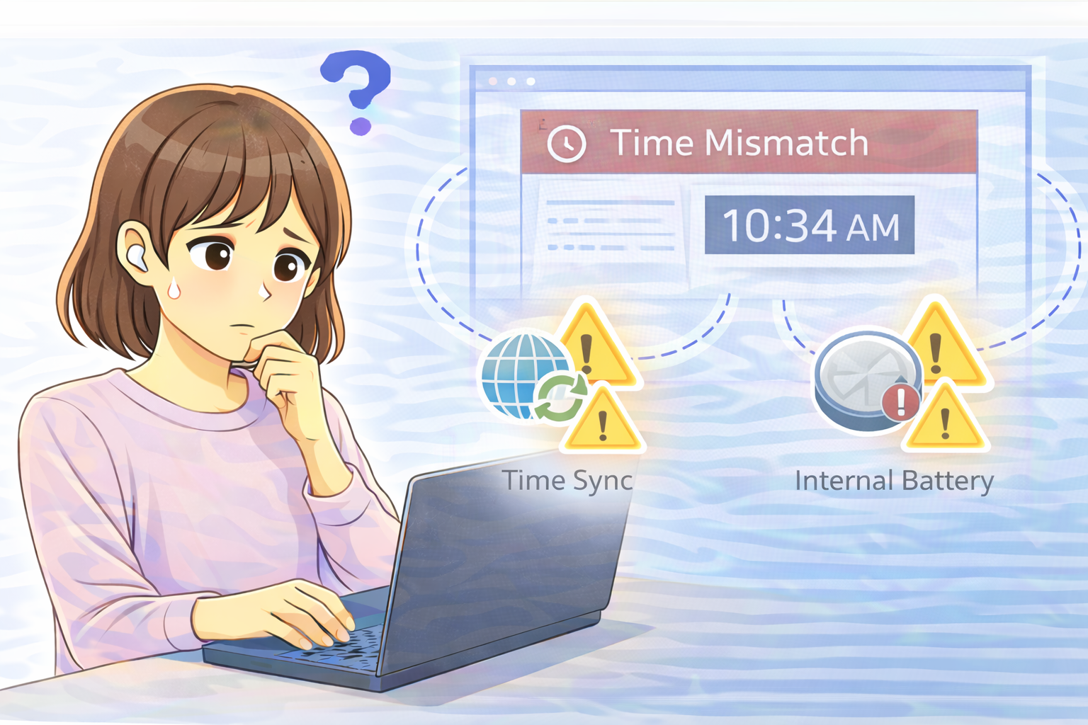 PCの時刻がずれて困っている女性と、右側に時刻同期設定や内部電池の状態を示す警告表示が描かれたイラスト