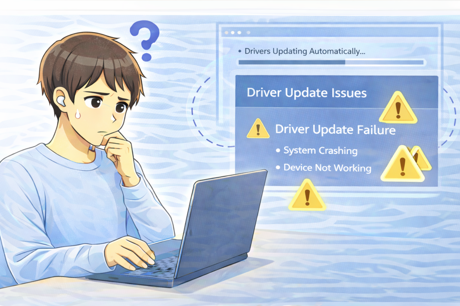 ドライバ更新後に設定や互換性の問題が発生し、パソコンの動作に違和感を感じて確認している様子