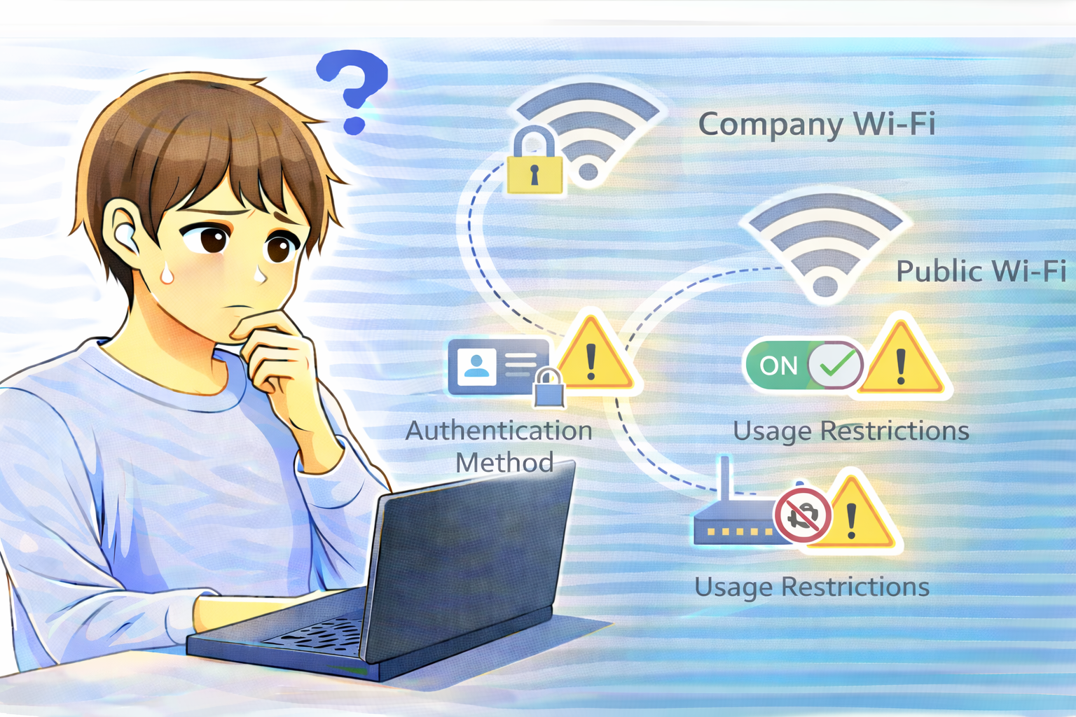 社内Wi-Fiや公共Wi-Fiに接続できず困っている男性と、右側に認証方式や利用制限の違いを示す警告表示が描かれたイラスト