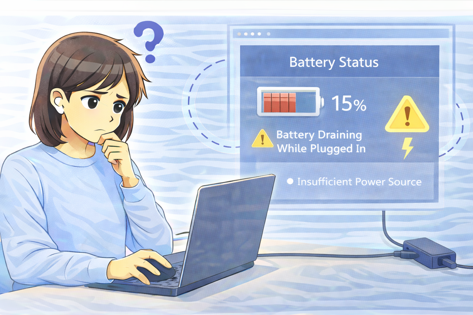 AC電源に接続している状態でもバッテリー残量が減り、電源供給状況を確認している様子