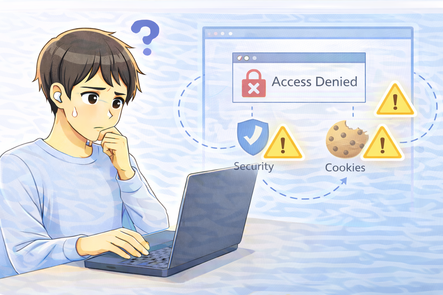 ノートパソコンでログイン操作を行い、認証後すぐにアクセスできなくなる原因を確認している様子を表したイラスト