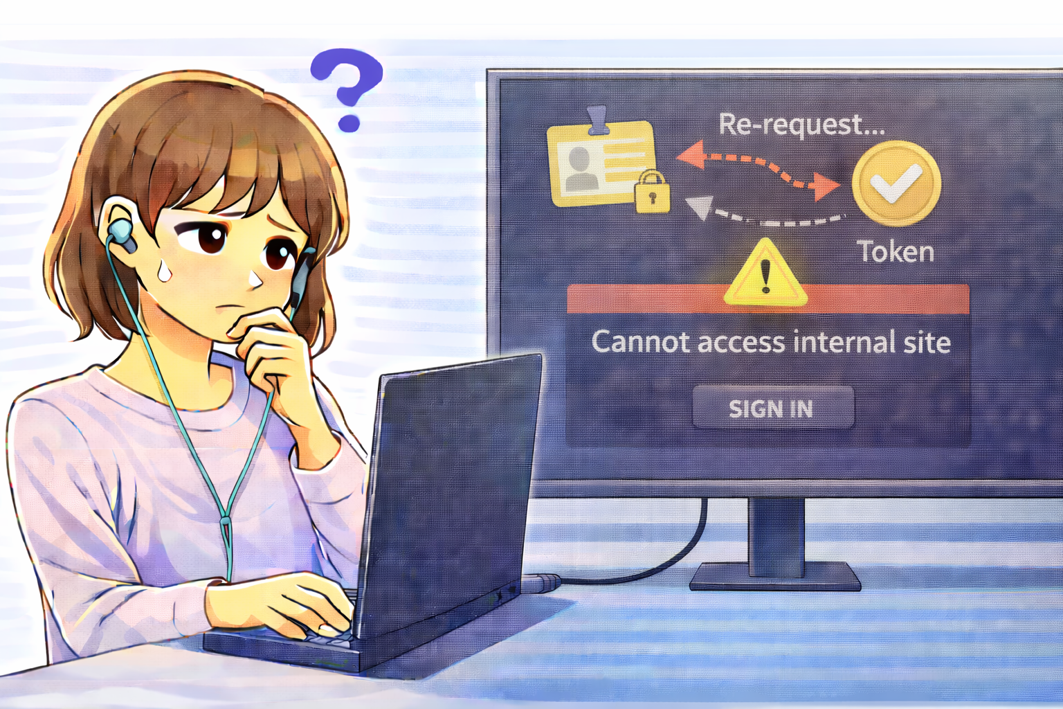 スリープ復帰直後に社内サイトへアクセスできない状態を確認しているノートパソコン利用者のイラスト