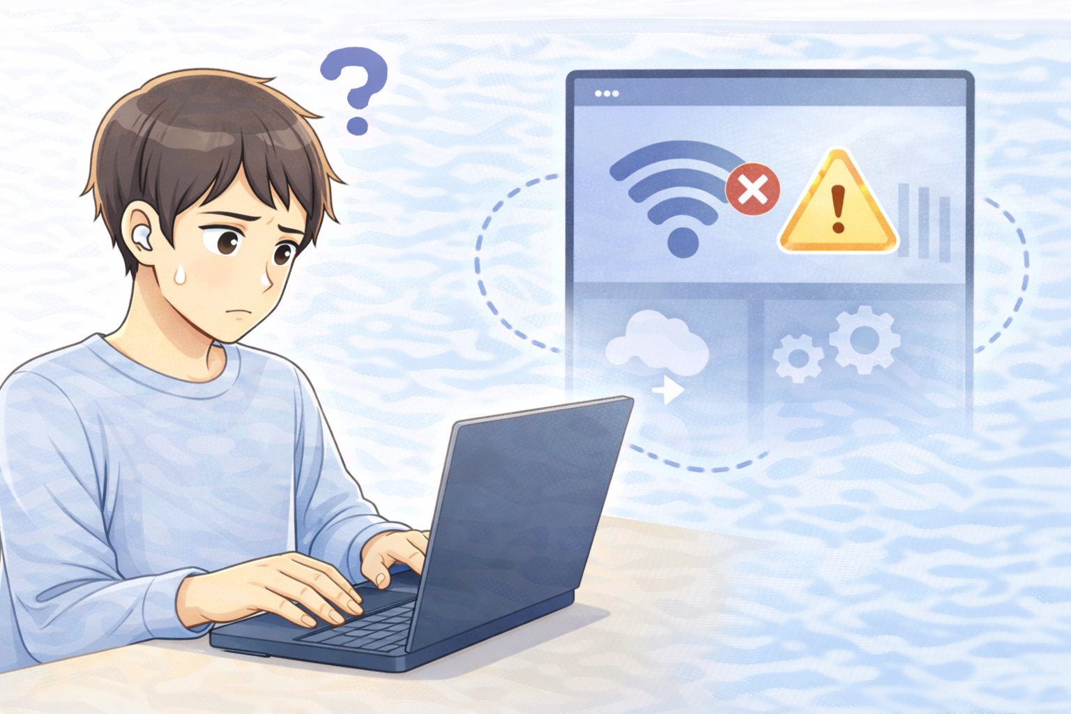 ノートパソコンの操作を確認しながら、Wi-Fi接続に問題がある状況を示すイラスト