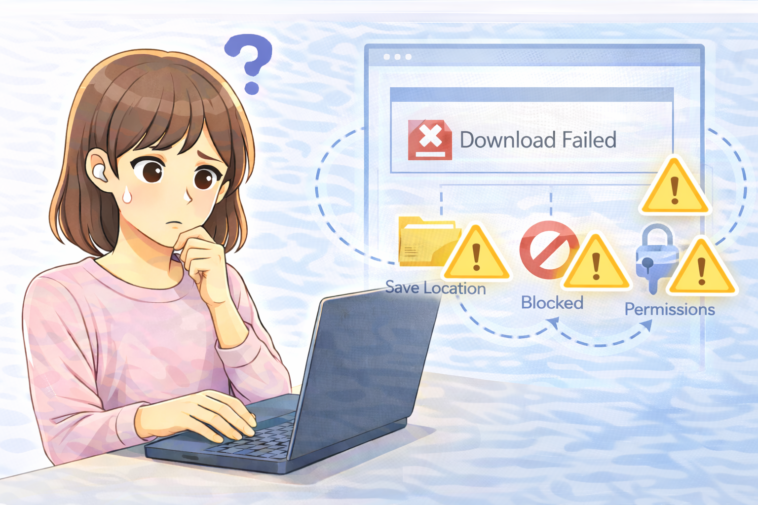 ノートパソコンを操作しながら、ブラウザでダウンロードだけ失敗する原因を確認している女性のイラスト