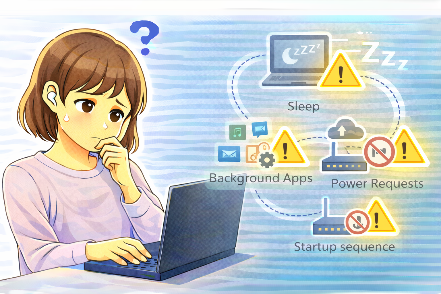 PCがスリープに入らず困っている女性と、右側に常駐アプリや電源要求の影響を示す警告表示が描かれたイラスト