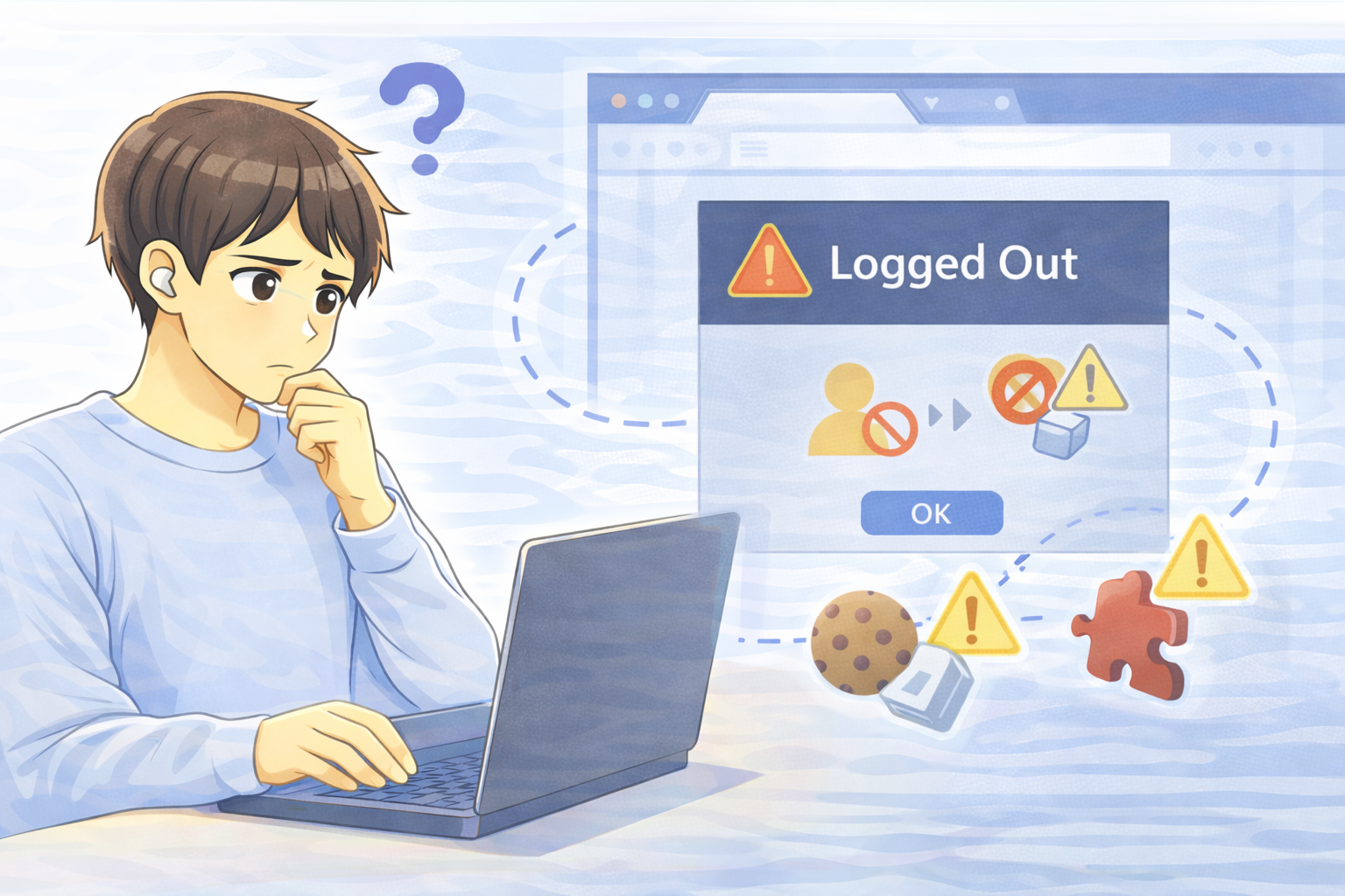 ブラウザを閉じるたびにログアウトされ、Cookieや拡張機能の設定を確認している男性とPC画面のイラスト