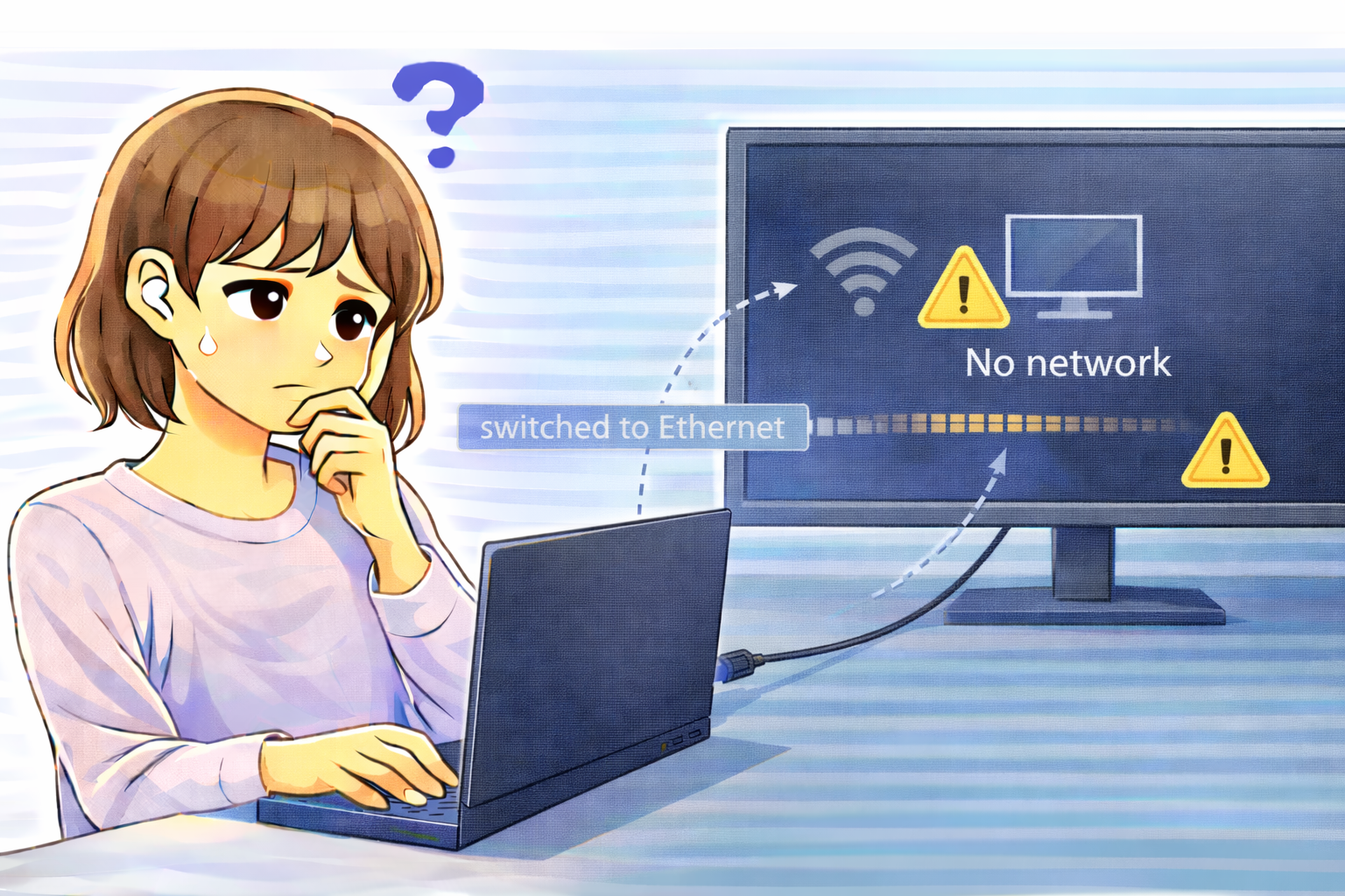 Wi-Fi切断後に有線LANへ切り替えたもののすぐにネットワークが利用できない状態を確認しているノートパソコン利用者のイラスト
