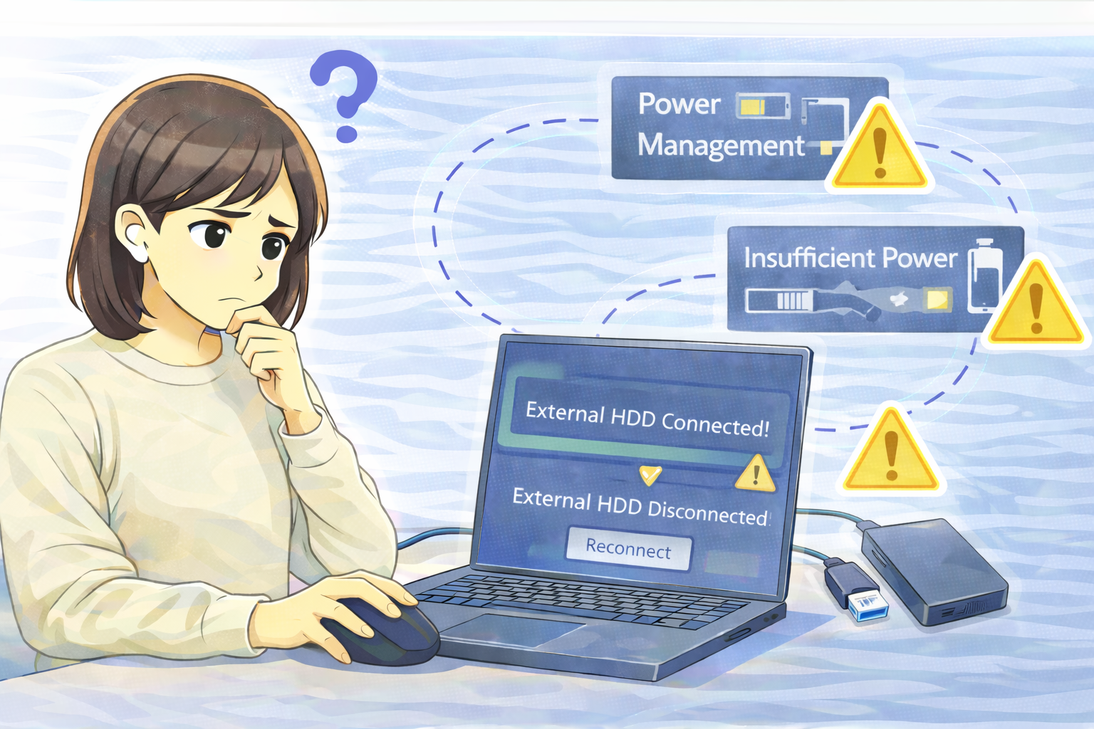 外付けHDDが認識されたり消えたりし、USB給電不足や省電力制御の影響を確認している女性とノートPC画面のイラスト