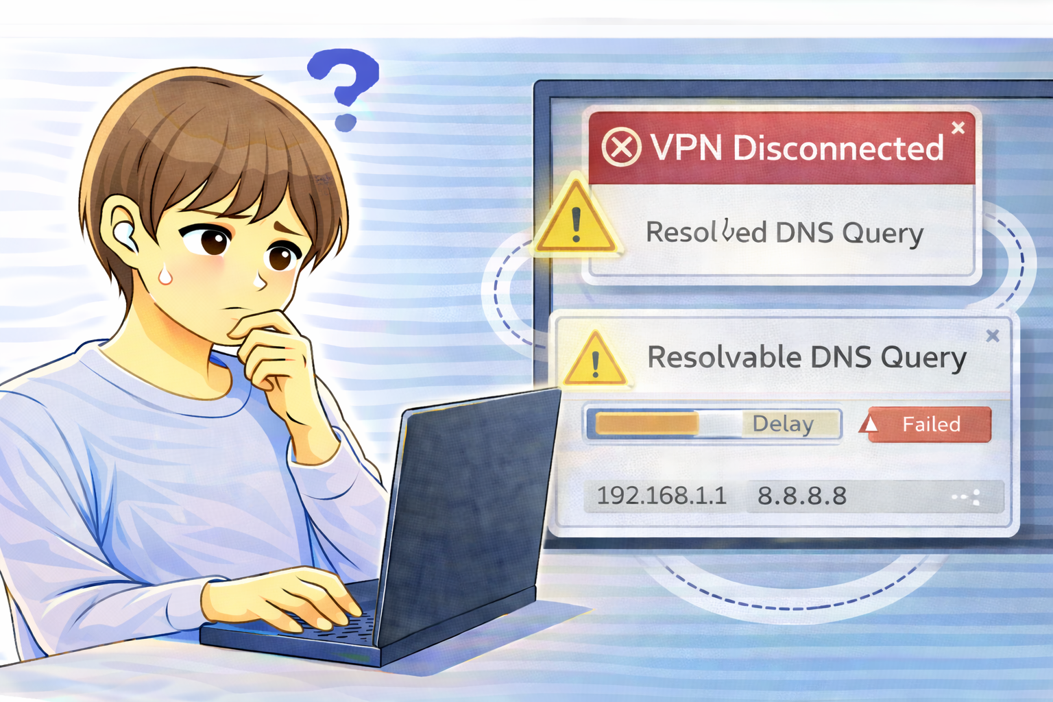 VPN切断後に名前解決が遅くなり、社内DNS設定の状態を確認しているパソコン利用者のイラスト