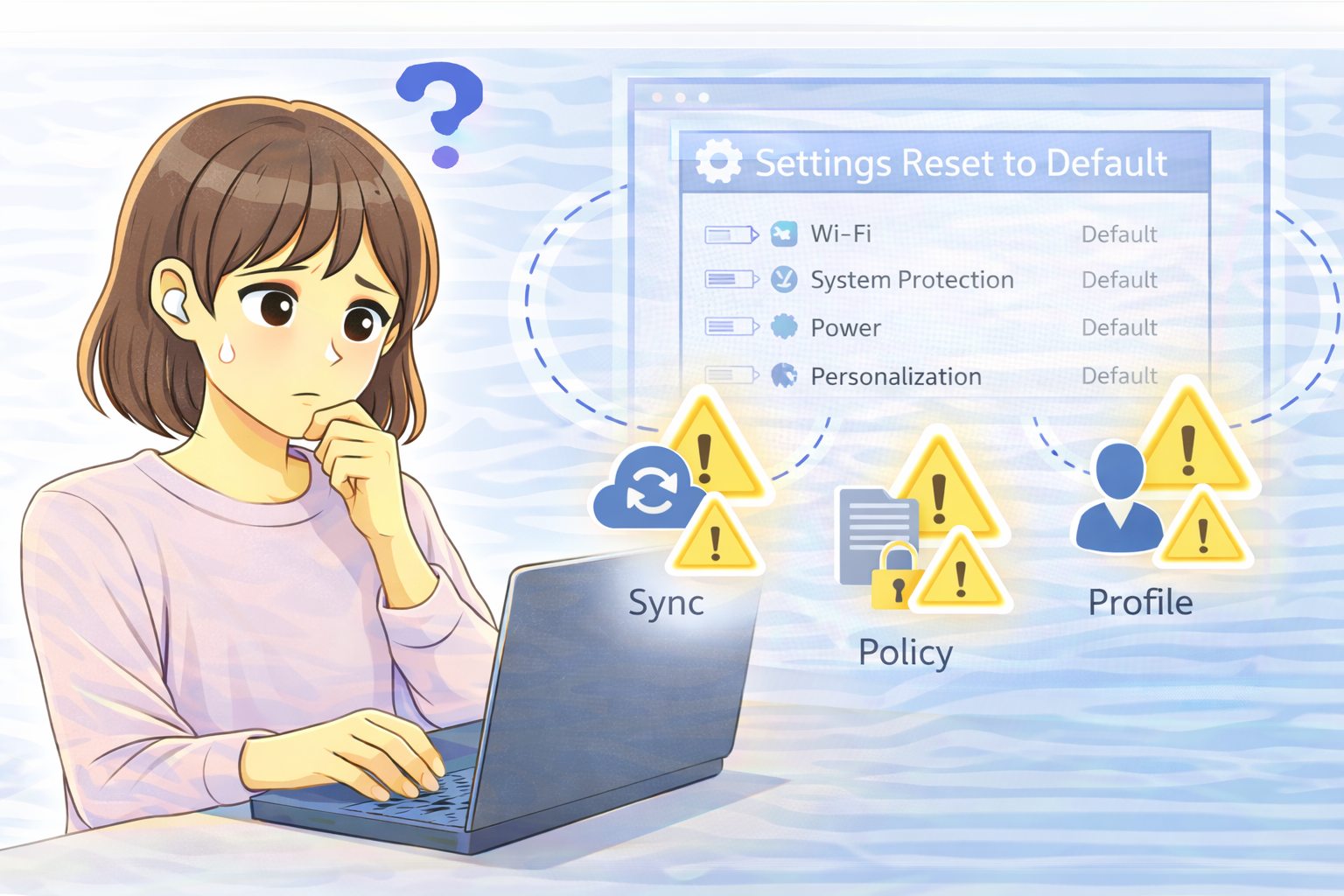 Windowsの設定が初期化されて困っている女性と、右側に同期やポリシー、プロファイルの状態を示す警告表示が描かれたイラスト