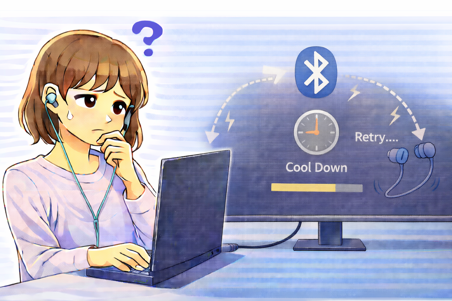 Bluetooth接続を解除した直後に再接続ができない状態を確認しているノートパソコン利用者のイラスト