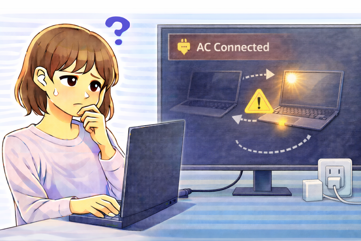 AC電源を接続した直後に画面の明るさが一時的に変化している状態を確認しているノートパソコン利用者のイラスト
