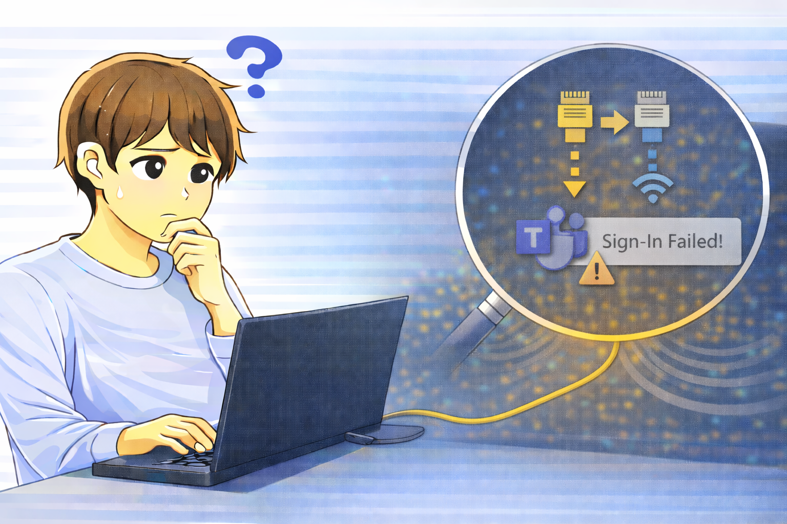 有線LAN接続直後にTeamsのサインインが失敗し、ネットワーク経路の優先度確定を待っている状態を確認するノートPC利用者のイラスト
