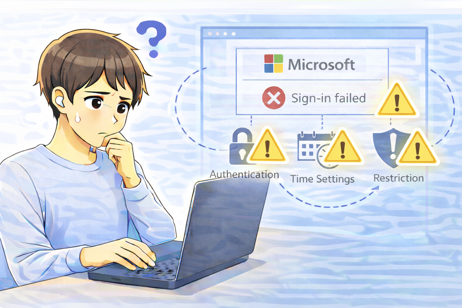 ノートパソコンでMicrosoftアカウントにサインインできない原因を確認している様子を表したイラスト