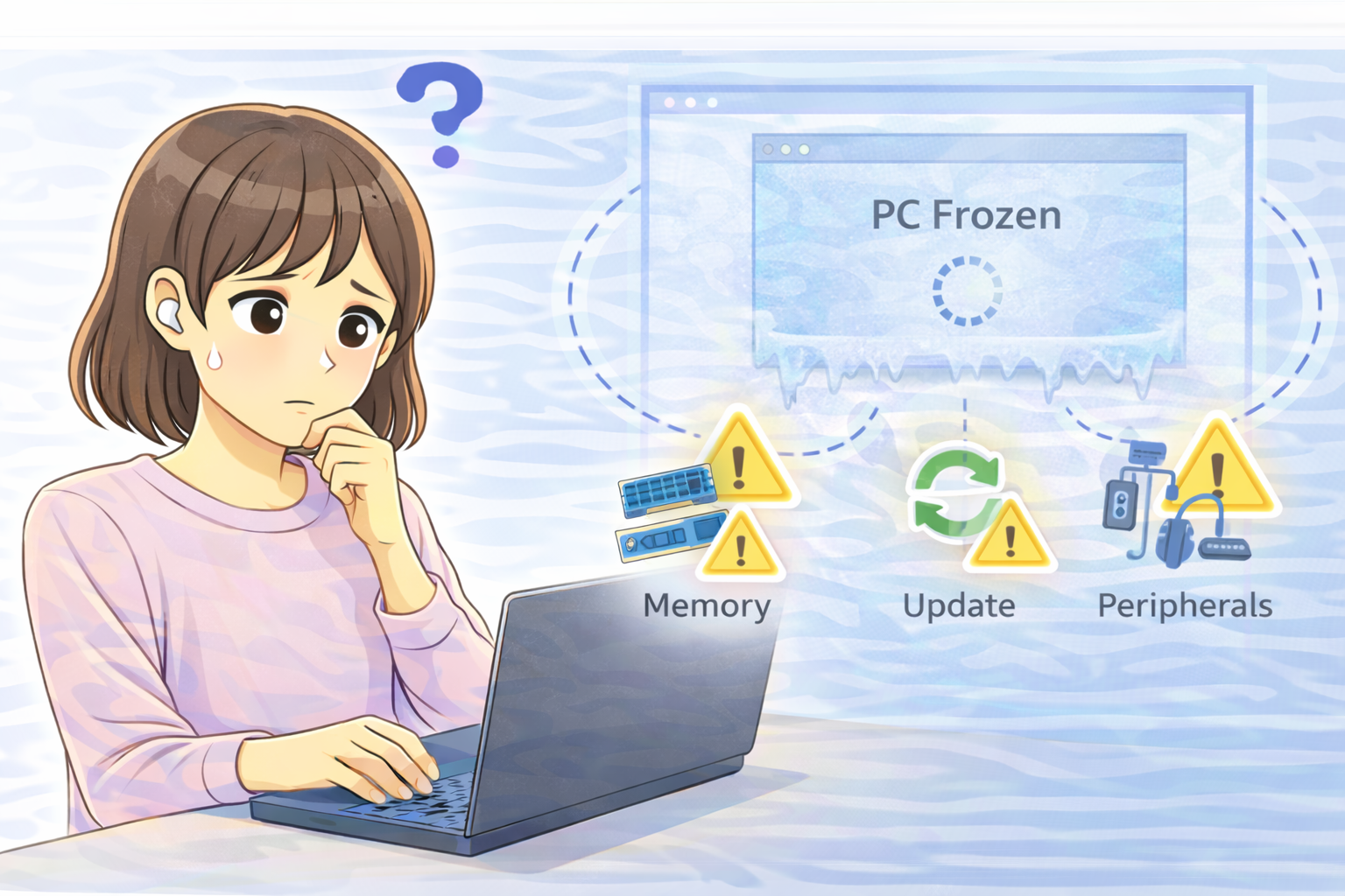 PC操作中に突然フリーズして困っている女性と、右側にメモリや更新、周辺機器の状態を示す警告表示が描かれたイラスト