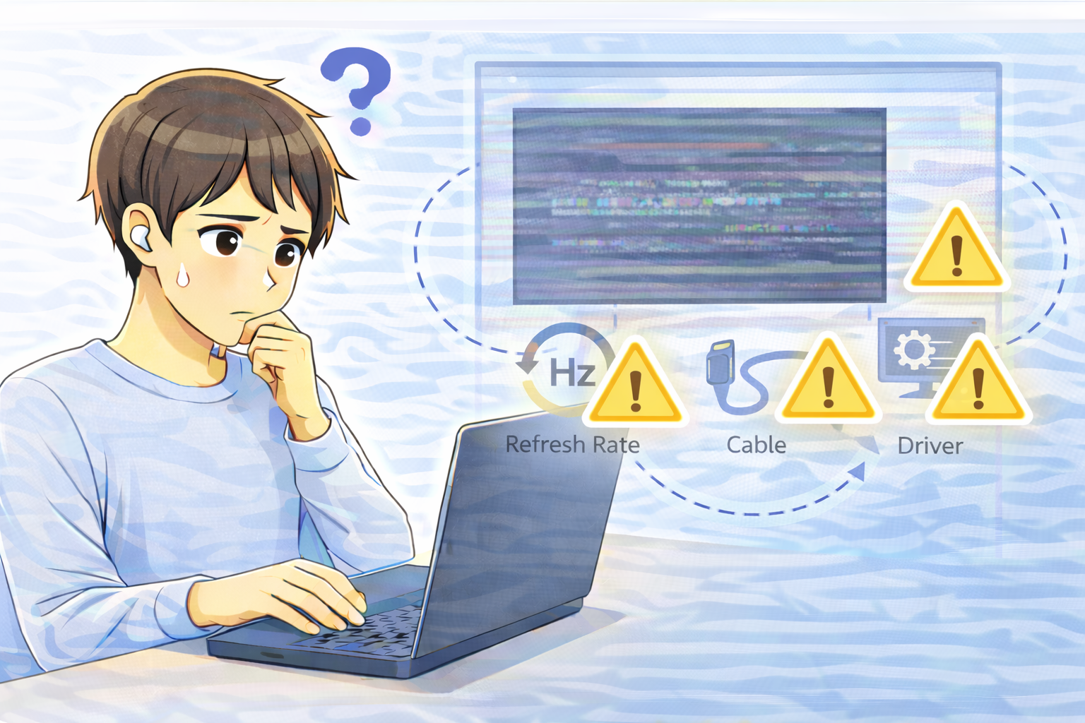 ノートパソコンを操作しながら、画面がちらつく原因を確認している様子を表したイラスト