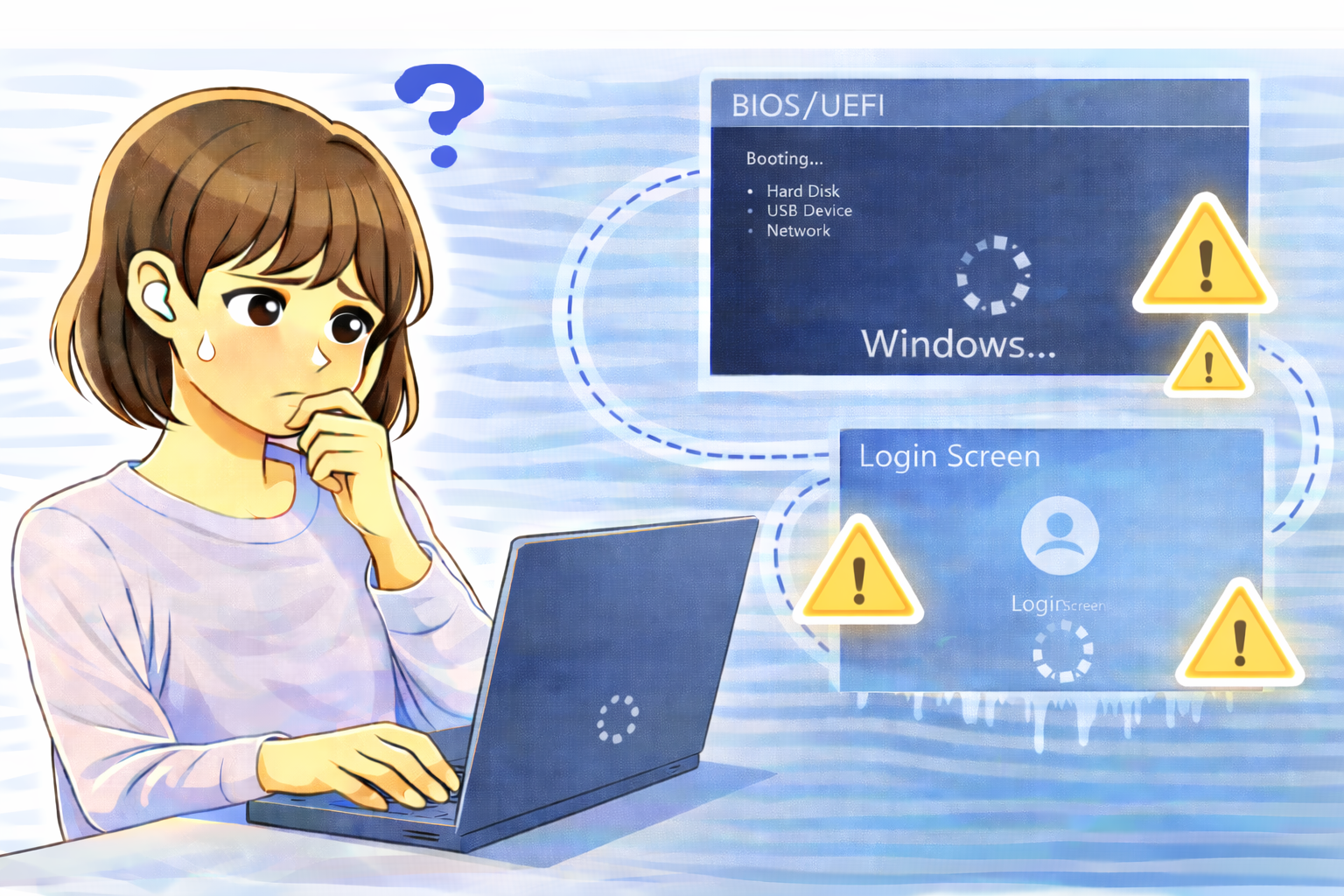 Windowsの起動が遅く、BIOS後からログイン画面までの処理状況を確認しているノートPC利用中の女性のイラスト