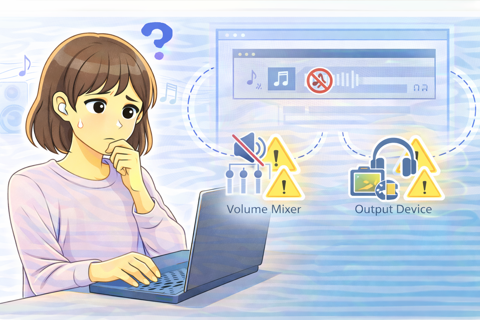 PC全体では音が鳴るのに特定のアプリだけ音が出ず困っている女性と、右側に音量ミキサーや出力先の状態を示す警告表示が描かれたイラスト