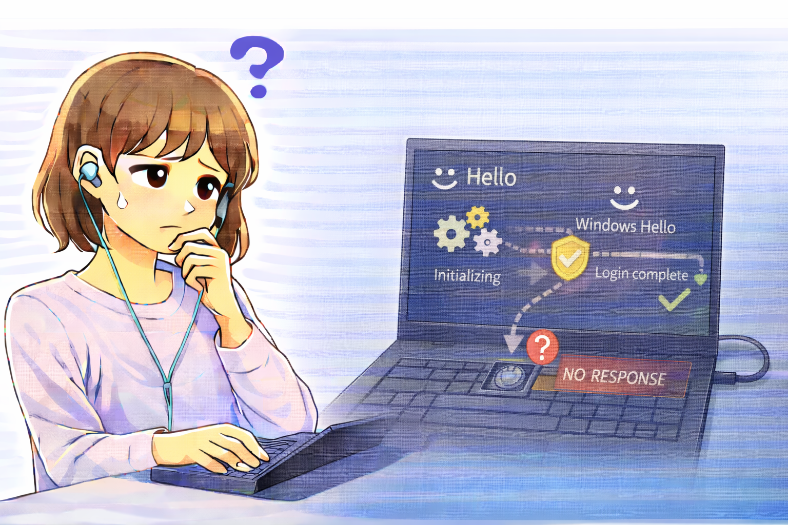 ログイン直後に指紋認証が反応せず認証処理が進まない状態を確認しているノートパソコン利用者のイラスト