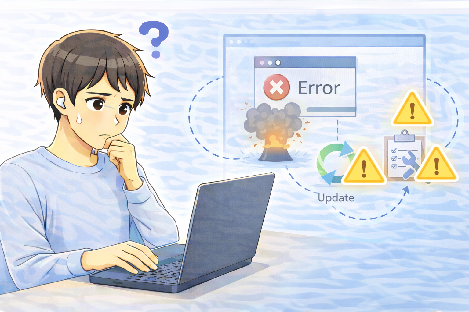 ノートパソコンを操作しながら、アプリが起動直後に終了してしまう原因を確認している様子を表したイラスト