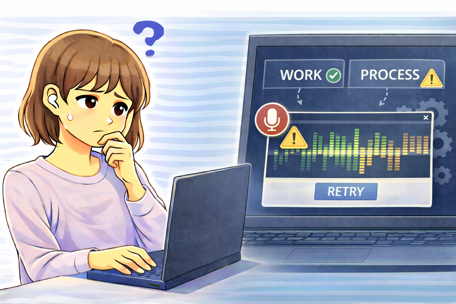 マイクを使用していない状態でも音声入力レベルが反応している様子を確認しているノートパソコン利用者のイラスト