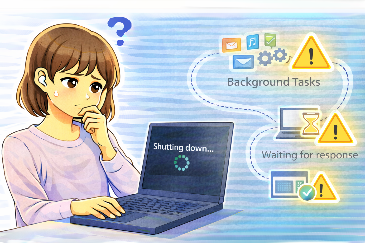 シャットダウンが完了せず困っている女性と、右側にバックグラウンド処理や終了待ち状態を示す警告表示が描かれたイラスト