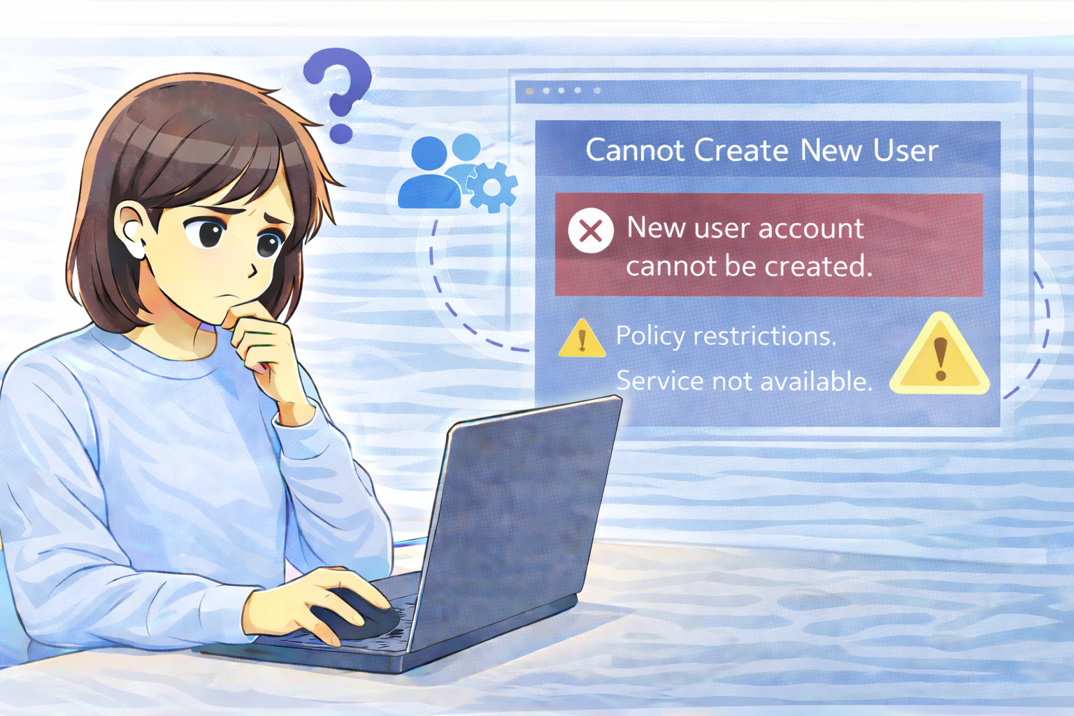 新しいユーザーを追加できず、ポリシーやサービスの状態を確認している様子