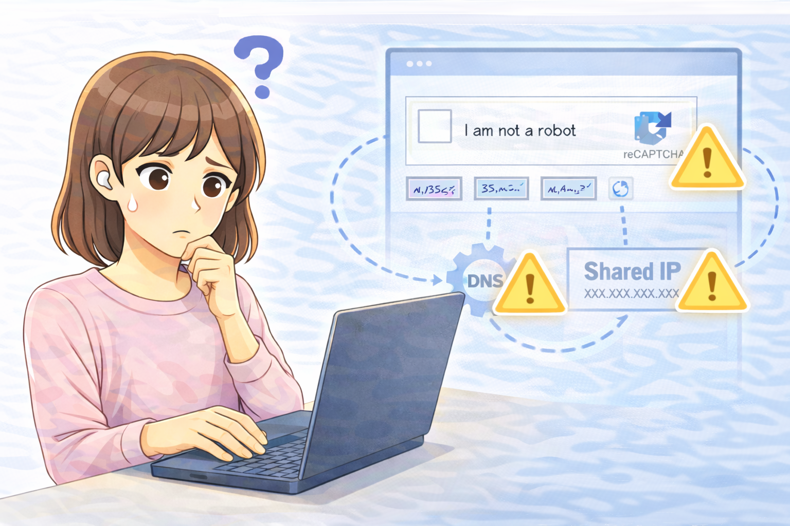 ノートパソコンを操作しながら、CAPTCHA認証が頻繁に表示される状況に戸惑っている女性のイラスト