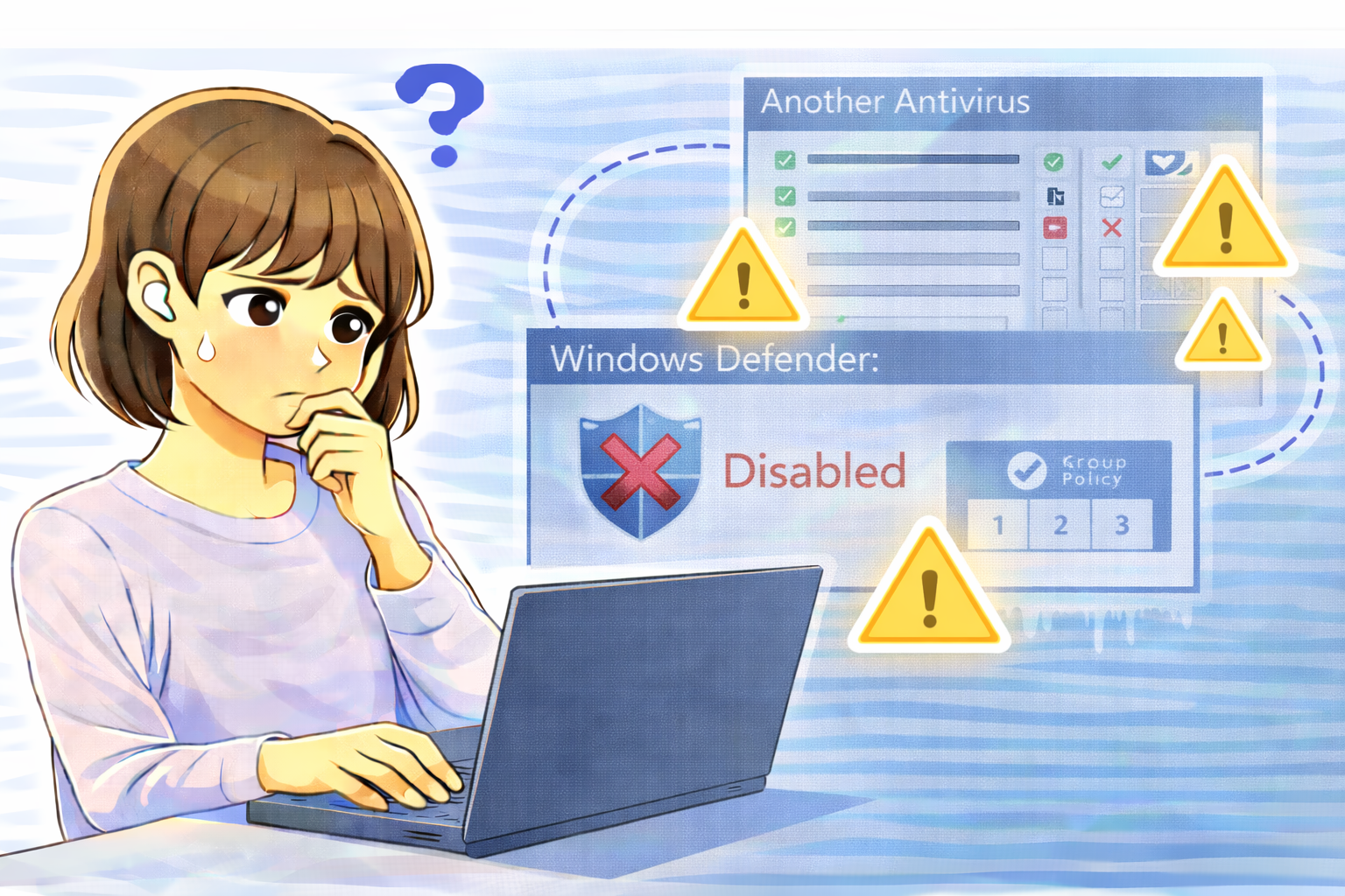 Windows Defenderが無効になっている状態を確認し、他のセキュリティソフトやポリシー設定の影響を考えているノートPC利用中の女性のイラスト