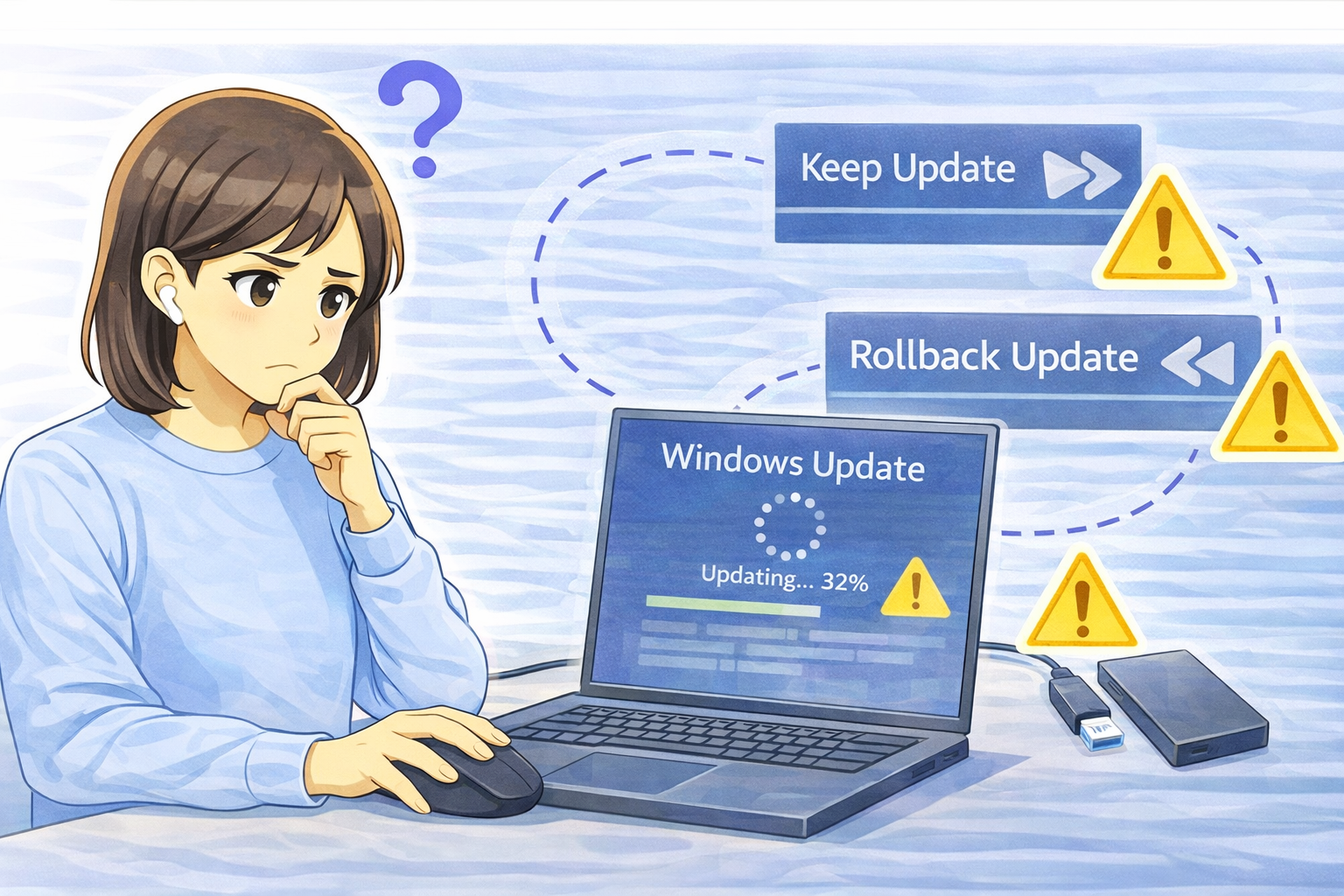 Windows Update後に動作が不安定になり、更新を継続するかロールバックするかを検討している女性とノートPC画面のイラスト