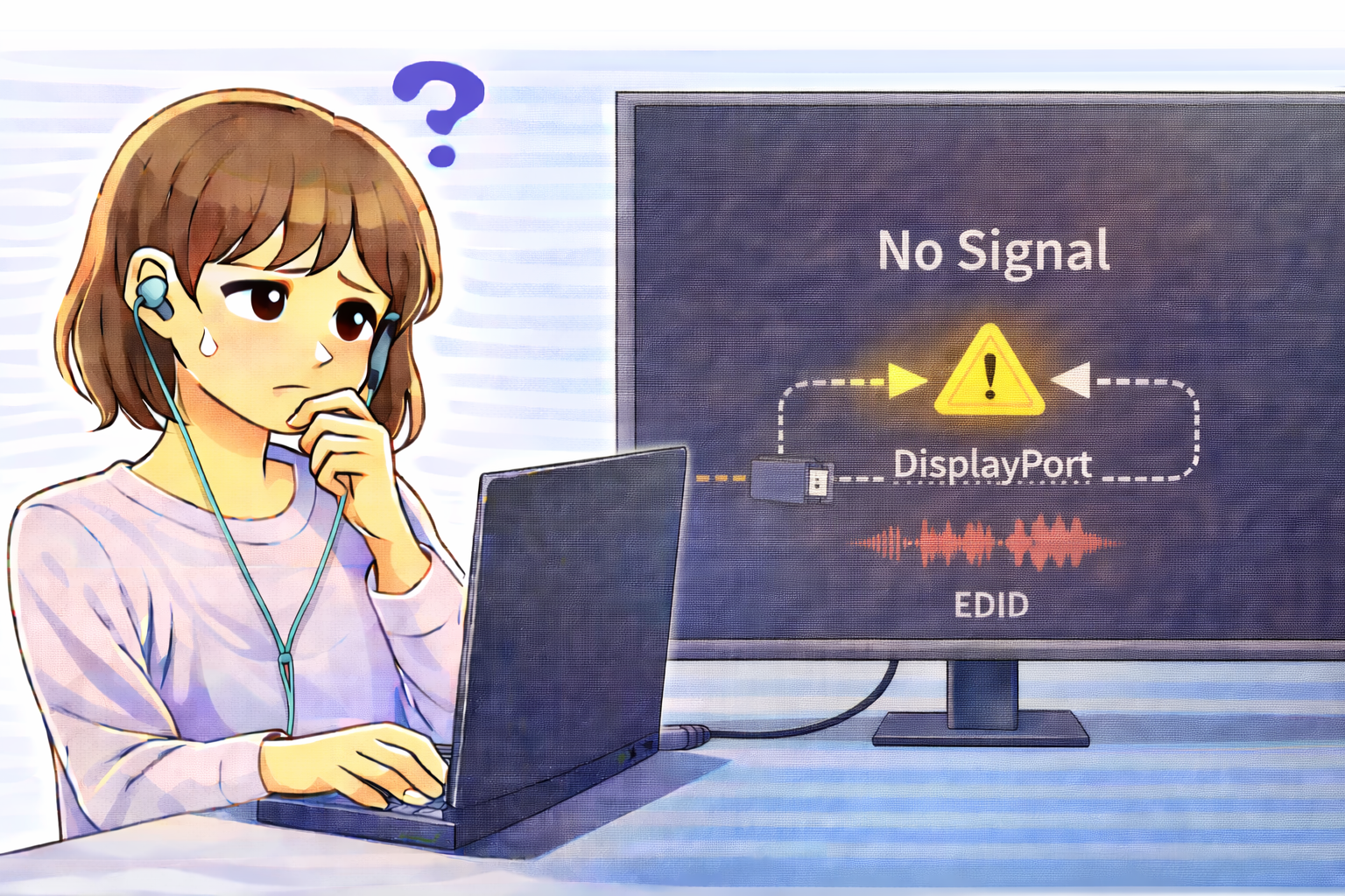 再起動直後に外部モニターが無信号状態になっている様子を確認しているノートパソコン利用者のイラスト