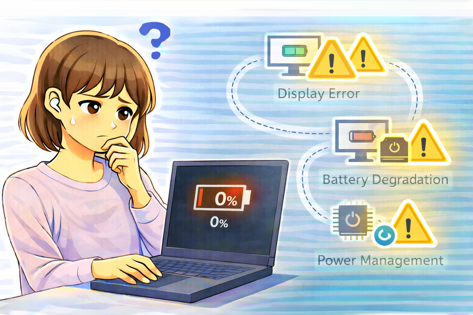 バッテリー残量が急に0％と表示されて困っている女性と、右側に表示ズレやバッテリー劣化、電源制御の影響を示す警告表示が描かれたイラスト