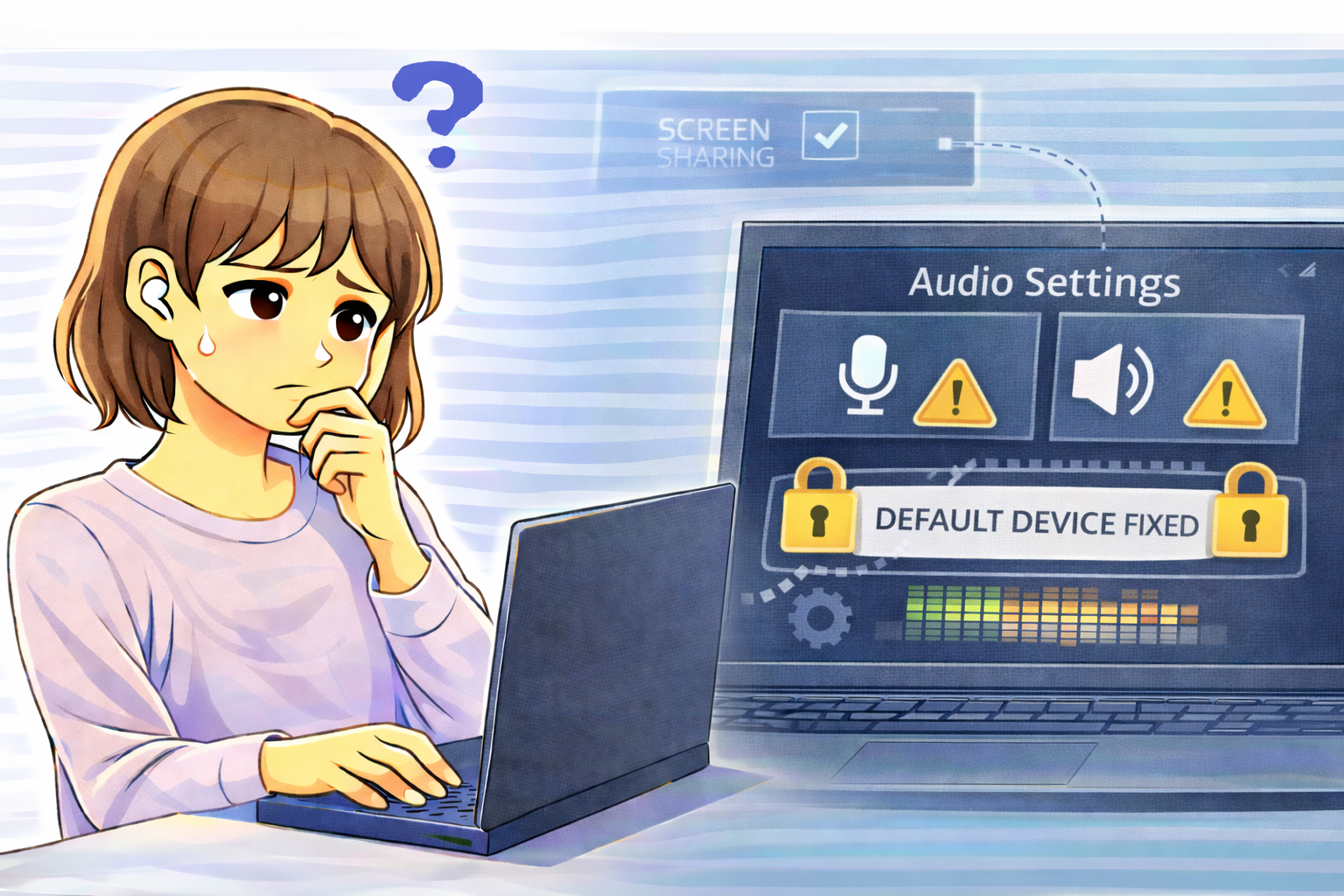 スクリーン共有終了後も音声設定が元に戻らず既定のデバイスが固定された状態を確認しているノートパソコン利用者のイラスト