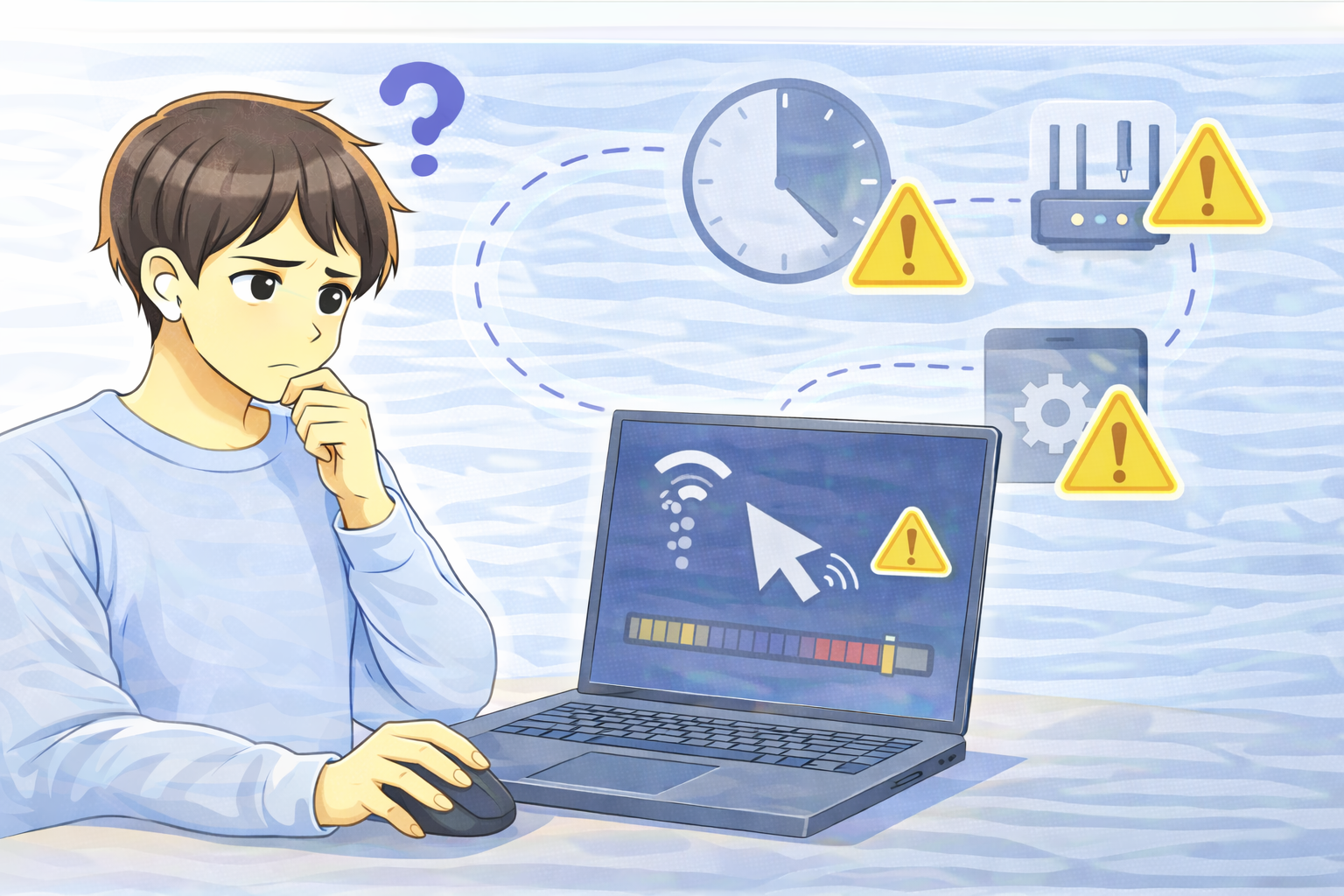 特定の時間帯にネット接続が遅くなり、回線制御やPC側の影響を確認している男性とノートPC画面のイラスト