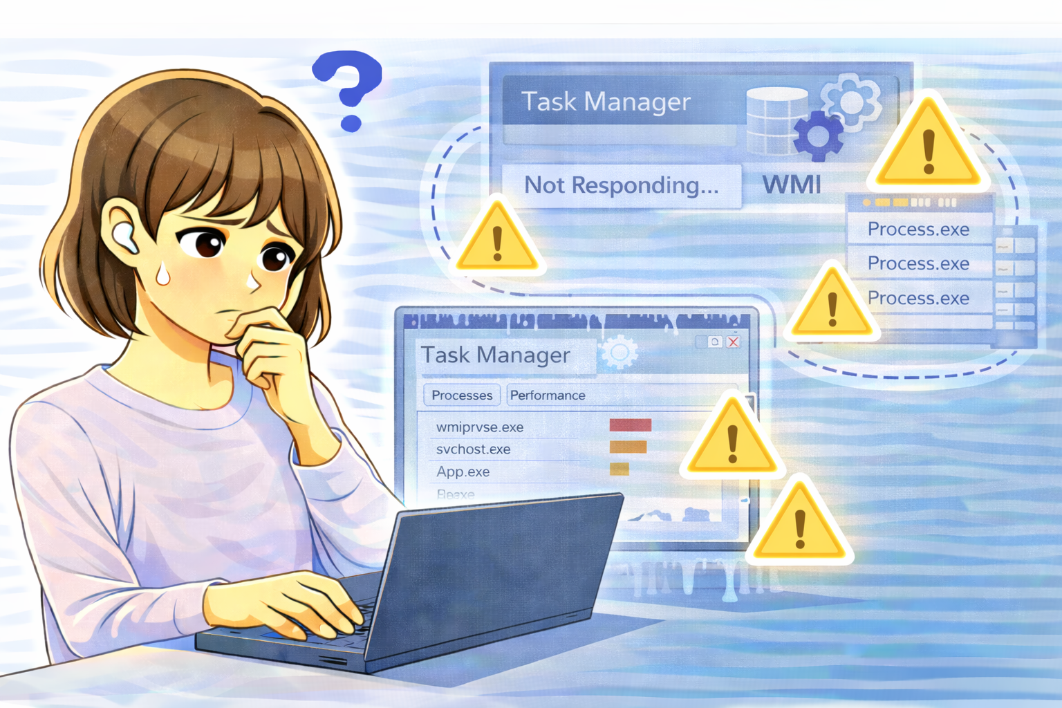タスクマネージャーを開いた際に動作が止まり、WMIや常駐プロセスの影響を確認しているノートPC利用中の女性のイラスト