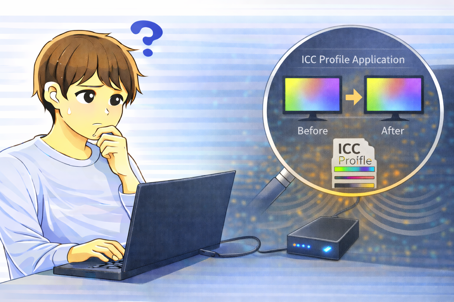 画面表示直後に色味が変化し、ICCプロファイルの適用や色管理処理が行われている状態を確認するノートPC利用者のイラスト