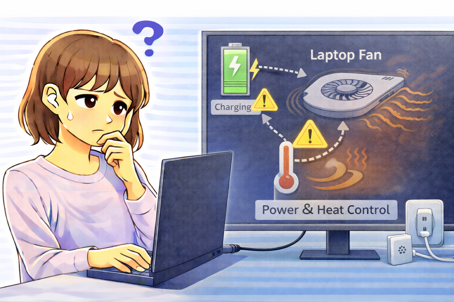 充電を開始した直後に冷却ファンが回転している状態を確認しているノートパソコン利用者のイラスト